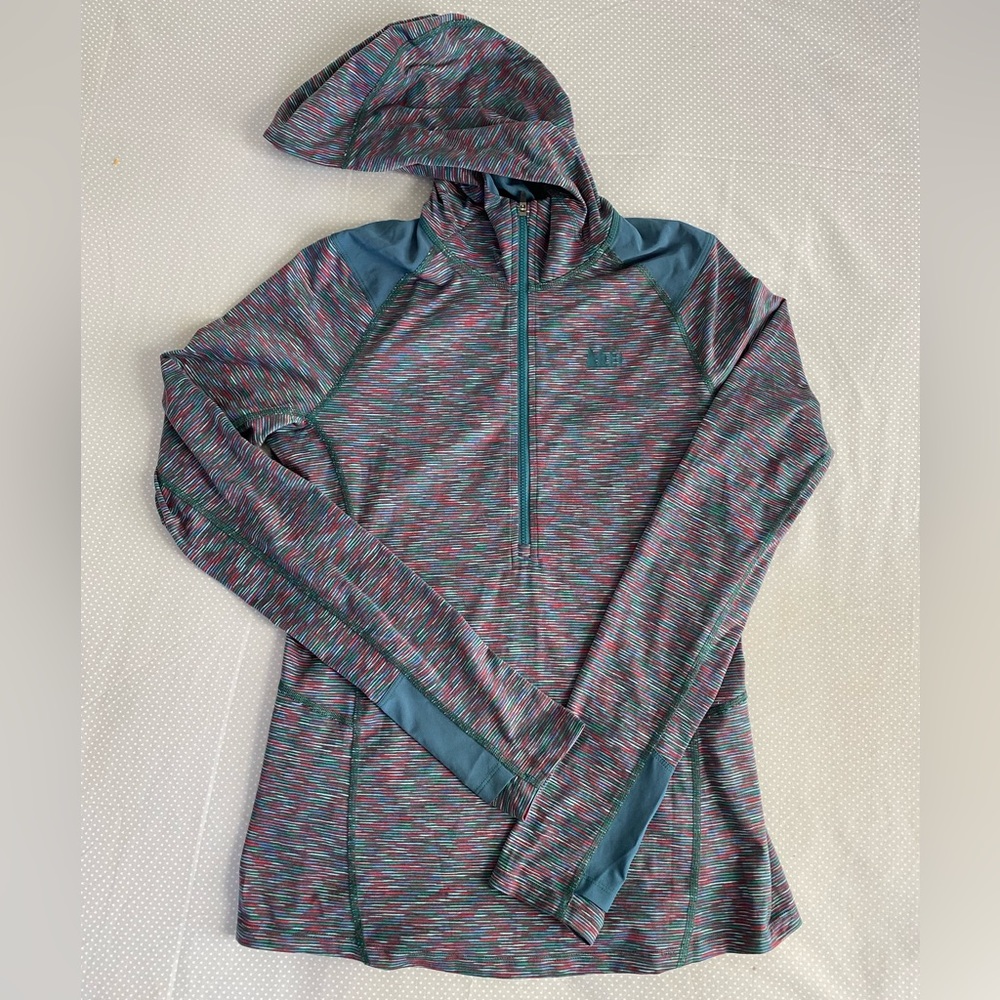 REI Hoodie Shirt Women's Medium Green Purple Red Stretch Thumbholes Half Zip